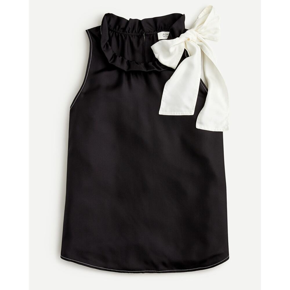 J.Crew 100% Silk Twill Top with Fixed Bow Luxury Career in B&W Womens Medium NWT